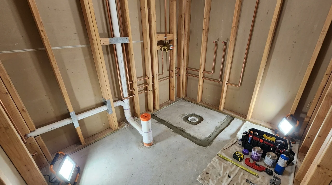 Bathroom rough-in plumbing during remodel by Johns Plumbing LLC in Billerica