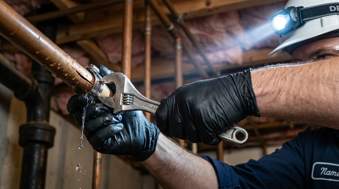 Emergency pipe clamp repair being performed by a Johns Plumbing LLC plumber in Billerica