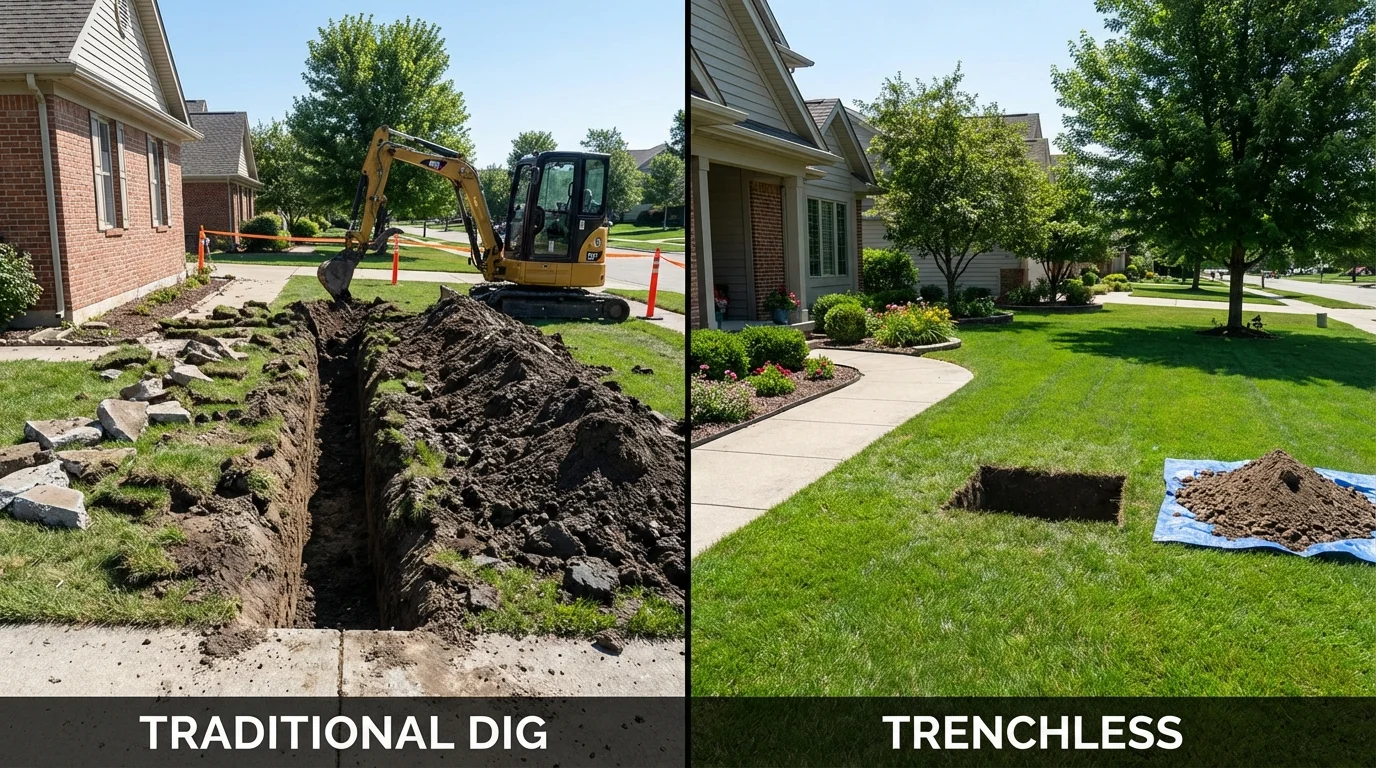 Trenchless sewer repair with minimal yard damage versus traditional excavation in Billerica, MA