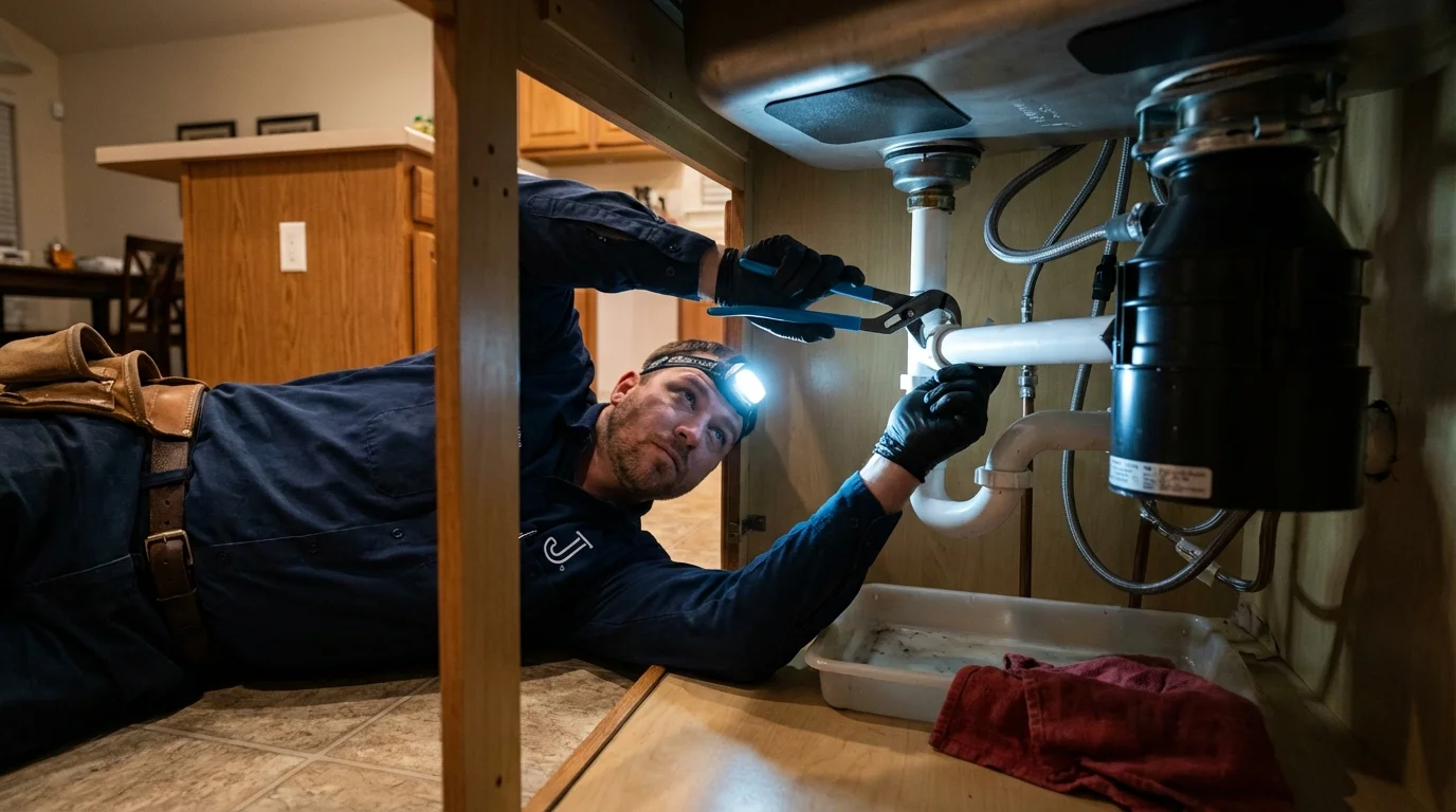 P-trap and supply line connections under a kitchen sink showing a common leak point in Billerica, MA